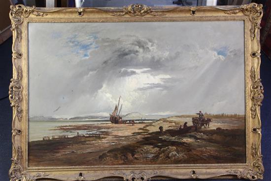 19th century English School Fisherfolk on the shore at low tide 24 x 36in.